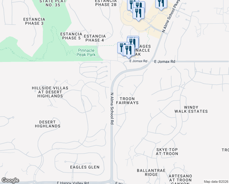 map of restaurants, bars, coffee shops, grocery stores, and more near 26202 North 104th Place in Scottsdale