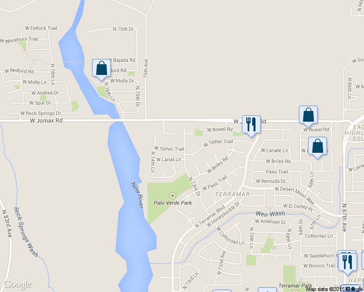 map of restaurants, bars, coffee shops, grocery stores, and more near 7384 West Tether Trail in Peoria