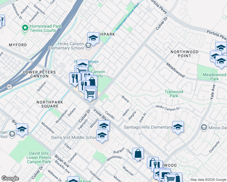 map of restaurants, bars, coffee shops, grocery stores, and more near 8 Encina in Irvine