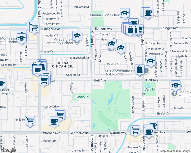 map of restaurants, bars, coffee shops, grocery stores, and more near 5521 Heil Avenue in Huntington Beach