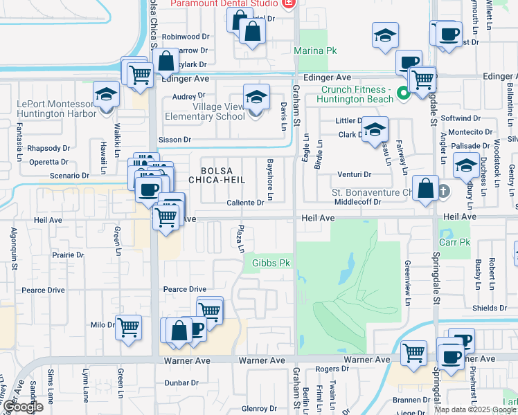 map of restaurants, bars, coffee shops, grocery stores, and more near 5351 Heil Avenue in Huntington Beach