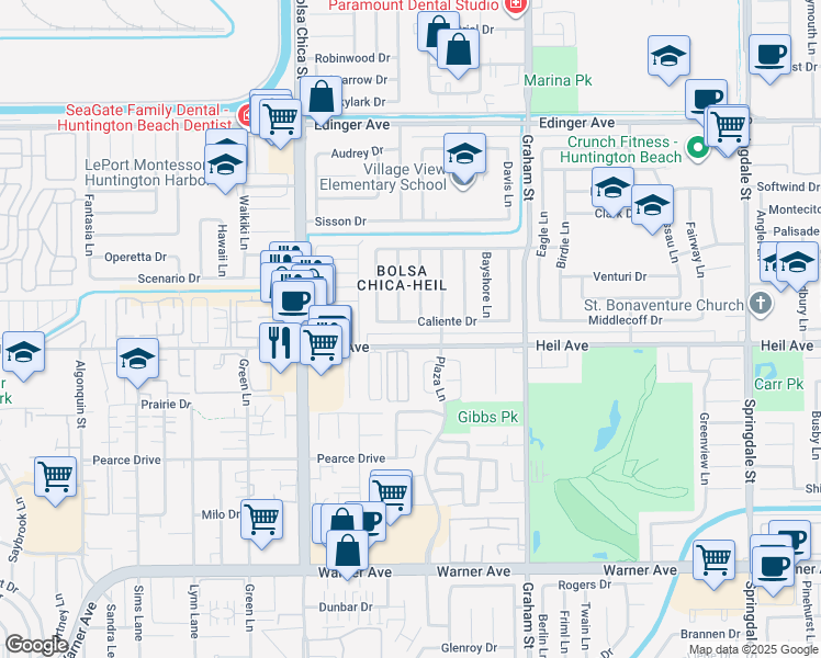 map of restaurants, bars, coffee shops, grocery stores, and more near 5182 Caliente Drive in Huntington Beach