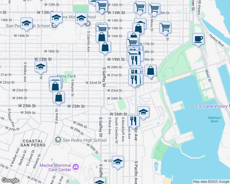map of restaurants, bars, coffee shops, grocery stores, and more near 657 West 23rd Street in Los Angeles