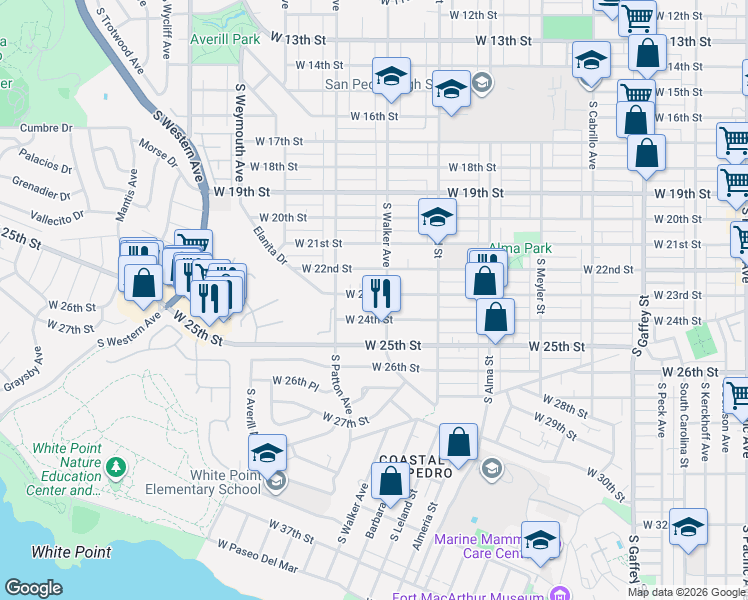 map of restaurants, bars, coffee shops, grocery stores, and more near 2315 South Walker Avenue in Los Angeles