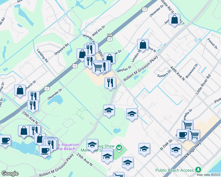 map of restaurants, bars, coffee shops, grocery stores, and more near 3533 Alexandria Avenue in Myrtle Beach