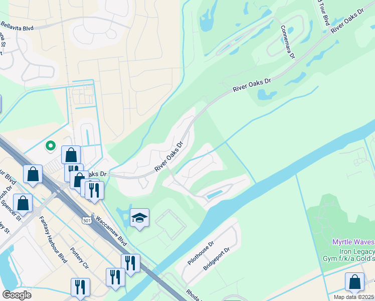 map of restaurants, bars, coffee shops, grocery stores, and more near 624D River Oaks Drive in Myrtle Beach