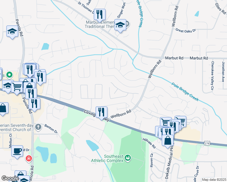 map of restaurants, bars, coffee shops, grocery stores, and more near 5604 Windfall Lane in Lithonia