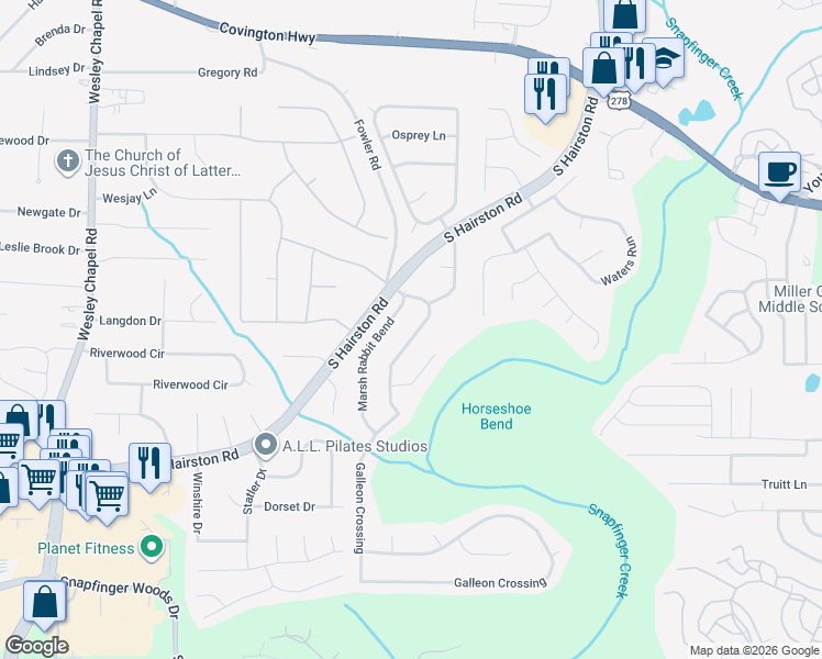 map of restaurants, bars, coffee shops, grocery stores, and more near 4606 Galleon Crossing in Decatur