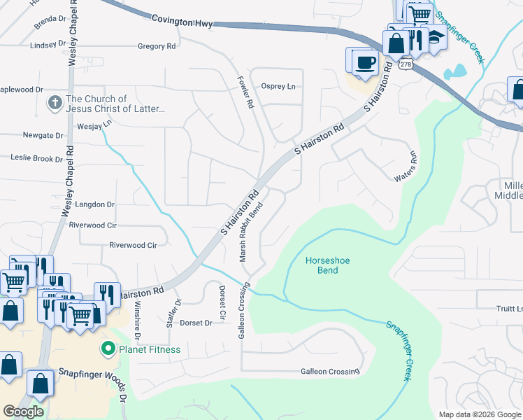 map of restaurants, bars, coffee shops, grocery stores, and more near 2432 Marsh Rabbit Bend in Decatur