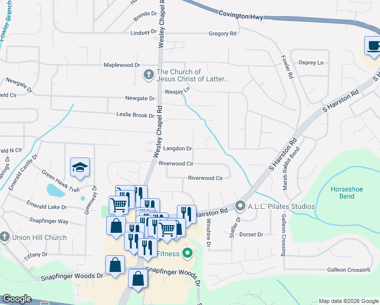 map of restaurants, bars, coffee shops, grocery stores, and more near 4353 Langdon Drive in Decatur