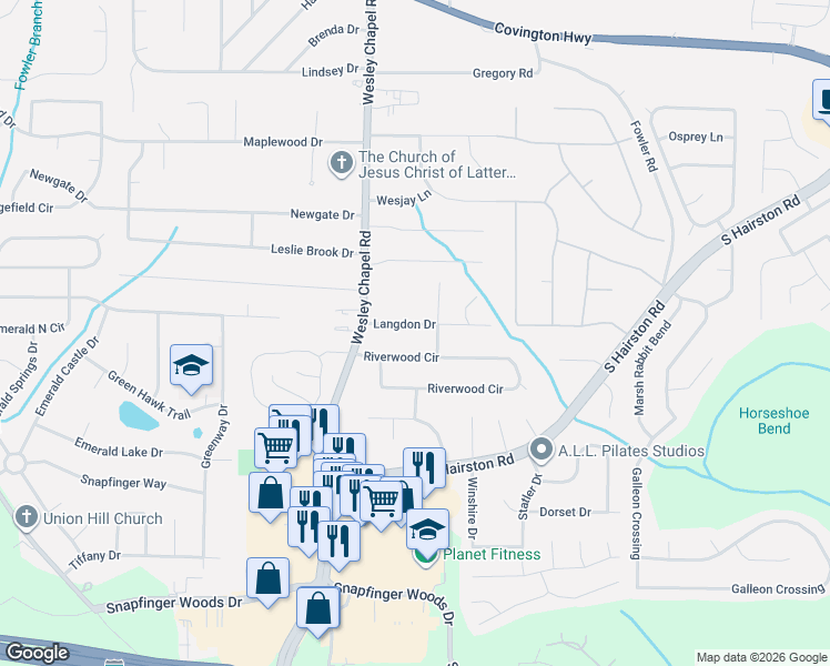 map of restaurants, bars, coffee shops, grocery stores, and more near 4353 Langdon Drive in Decatur