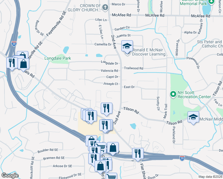 map of restaurants, bars, coffee shops, grocery stores, and more near 1947 Timberwood Trace in Decatur