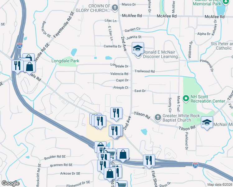 map of restaurants, bars, coffee shops, grocery stores, and more near 1969 Shawn Wayne Circle Southeast in Atlanta