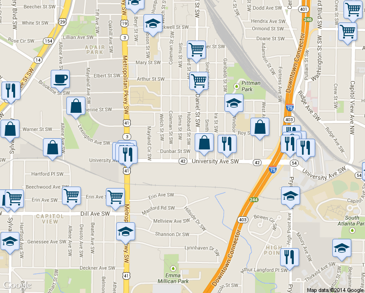 map of restaurants, bars, coffee shops, grocery stores, and more near 1162 Sims Street Southwest in Atlanta