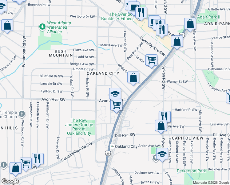 map of restaurants, bars, coffee shops, grocery stores, and more near 1124 Larosa Terrace Southwest in Atlanta