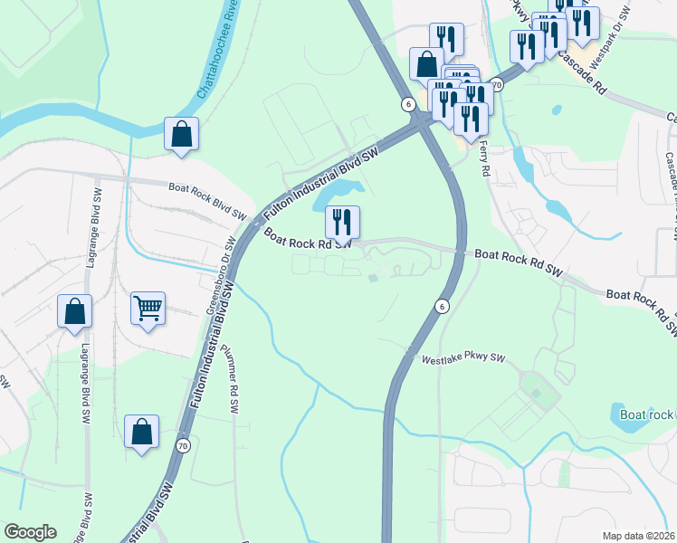 map of restaurants, bars, coffee shops, grocery stores, and more near 1117 Westchase Hill Southwest in Atlanta