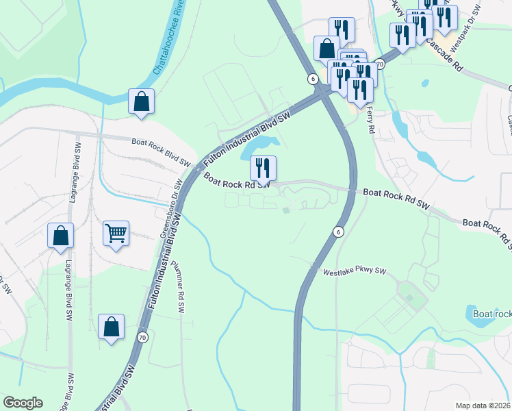 map of restaurants, bars, coffee shops, grocery stores, and more near 1117 Westchase Hill Southwest in Atlanta