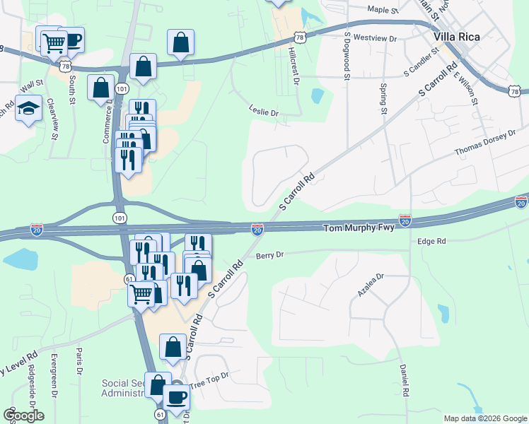 map of restaurants, bars, coffee shops, grocery stores, and more near 275 Berkley Drive in Villa Rica