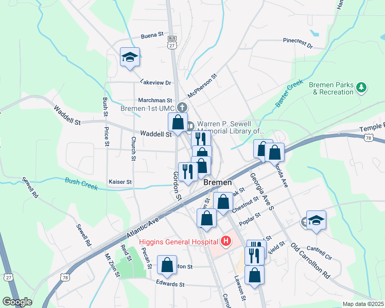 map of restaurants, bars, coffee shops, grocery stores, and more near 212 Hamilton Avenue in Bremen