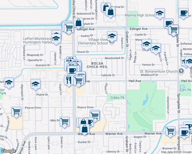 map of restaurants, bars, coffee shops, grocery stores, and more near 5182 Caliente Drive in Huntington Beach