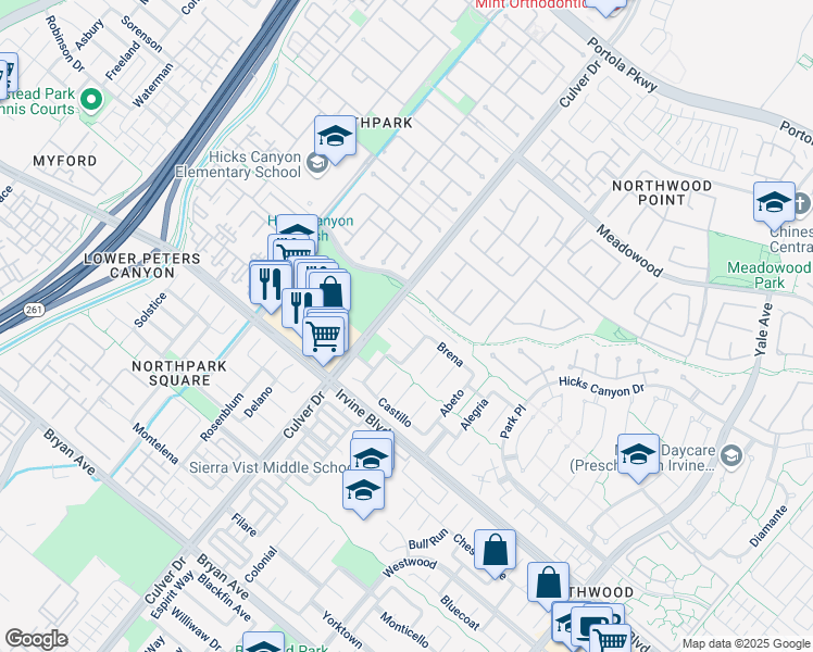 map of restaurants, bars, coffee shops, grocery stores, and more near 41 Brena in Irvine
