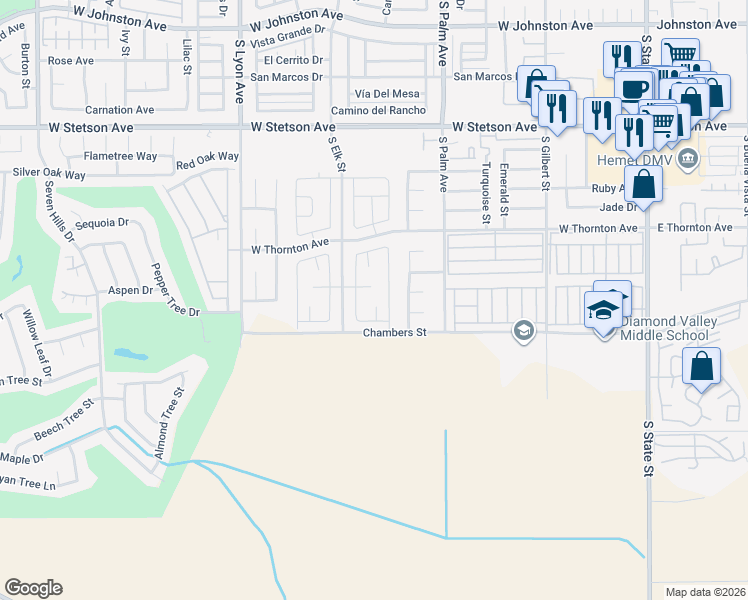 map of restaurants, bars, coffee shops, grocery stores, and more near South Elk Street in Hemet