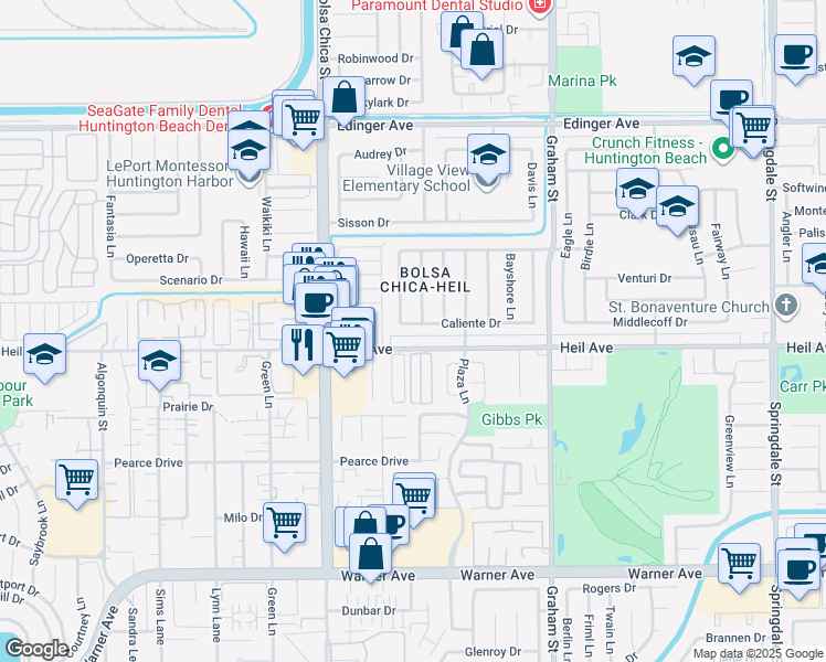 map of restaurants, bars, coffee shops, grocery stores, and more near 5182 Caliente Drive in Huntington Beach