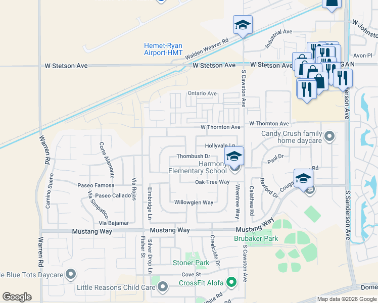 map of restaurants, bars, coffee shops, grocery stores, and more near 1423 Plumwood Lane in Hemet