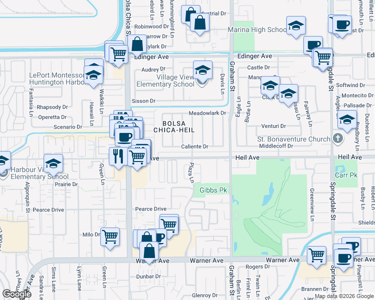 map of restaurants, bars, coffee shops, grocery stores, and more near 5272 Caliente Drive in Huntington Beach