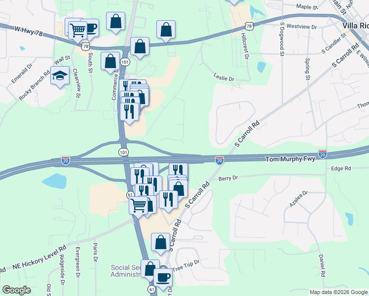 map of restaurants, bars, coffee shops, grocery stores, and more near 307 Malory Place in Villa Rica