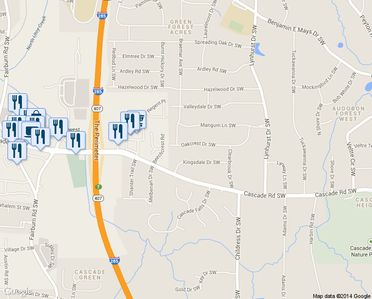 map of restaurants, bars, coffee shops, grocery stores, and more near 1344 Oakcrest Dr SW in Atlanta
