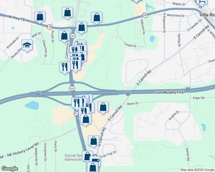 map of restaurants, bars, coffee shops, grocery stores, and more near 307 Malory Place in Villa Rica