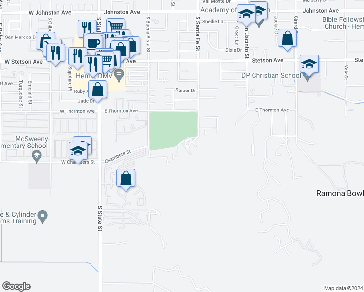 map of restaurants, bars, coffee shops, grocery stores, and more near 27409 Santa Fe Street in Hemet
