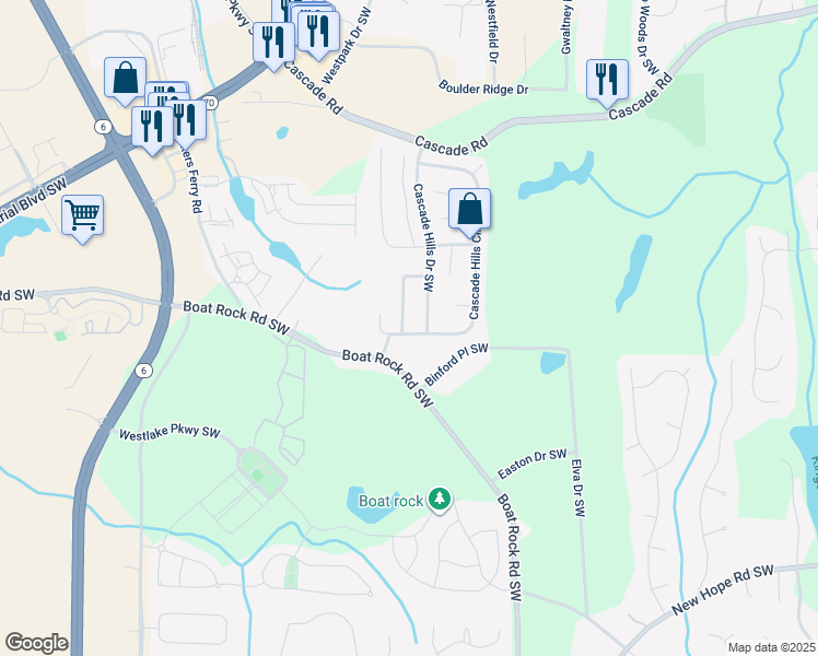 map of restaurants, bars, coffee shops, grocery stores, and more near 5600 Cascade Hills Loop Southwest in Atlanta