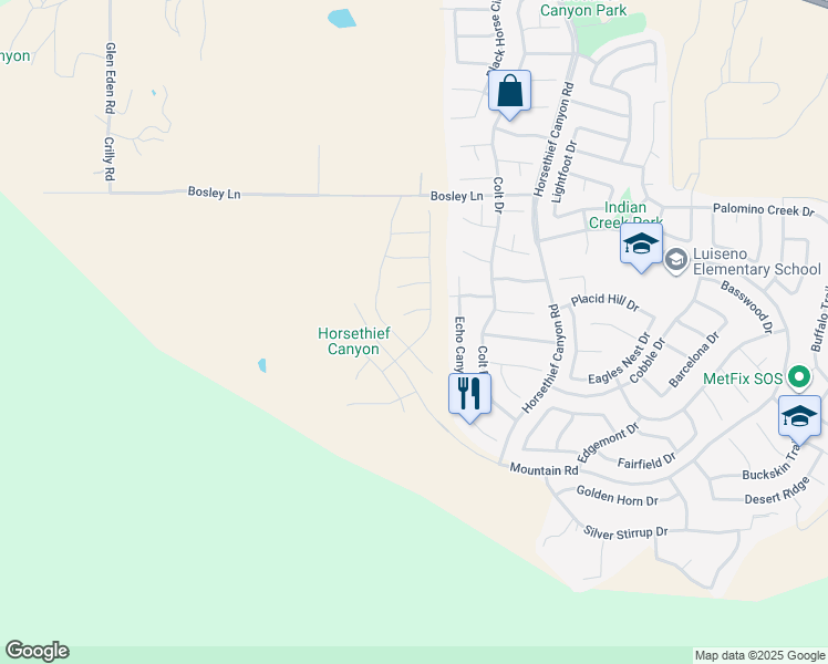 map of restaurants, bars, coffee shops, grocery stores, and more near 27341 Denali Court in Corona