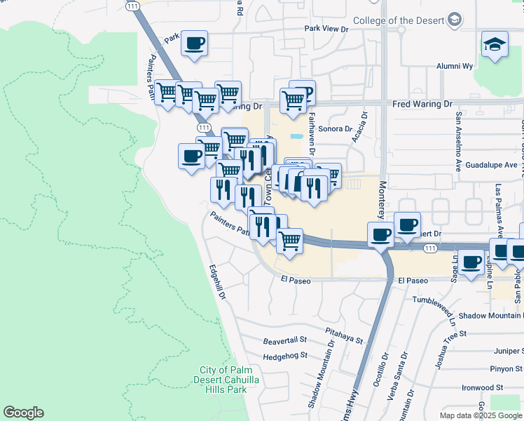 map of restaurants, bars, coffee shops, grocery stores, and more near 73510 California 111 in Palm Desert