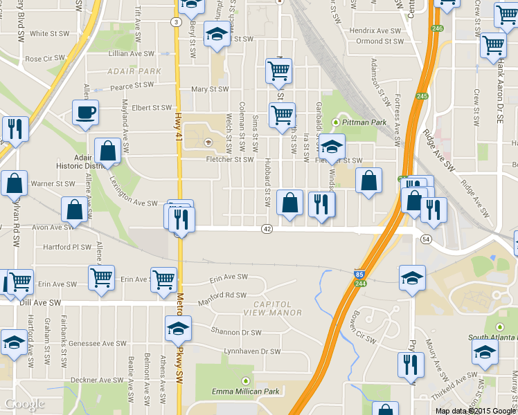 map of restaurants, bars, coffee shops, grocery stores, and more near 1162 Sims Street Southwest in Atlanta