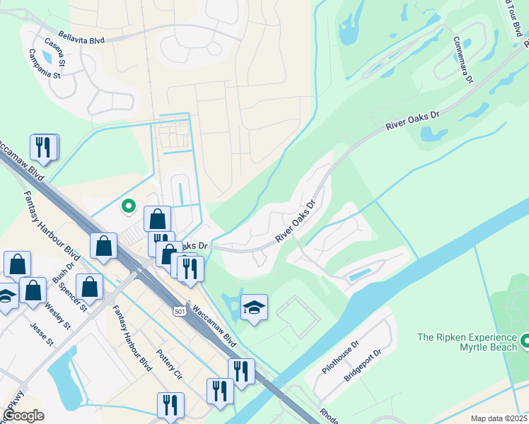 map of restaurants, bars, coffee shops, grocery stores, and more near 529 White River Drive in Myrtle Beach