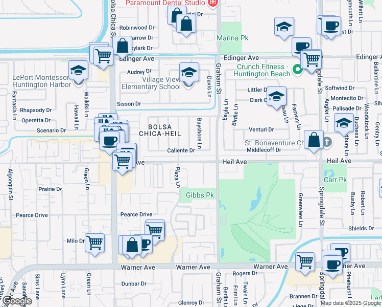 map of restaurants, bars, coffee shops, grocery stores, and more near 5351 Heil Avenue in Huntington Beach