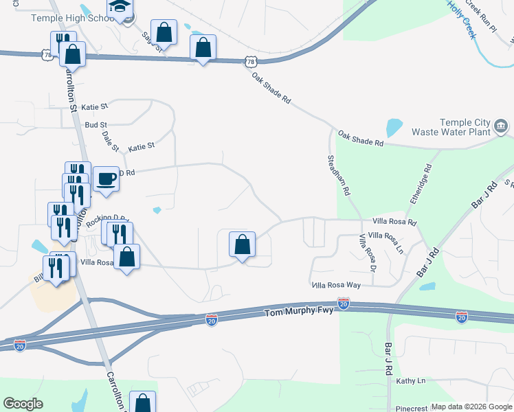 map of restaurants, bars, coffee shops, grocery stores, and more near 375 Double D Road in Temple