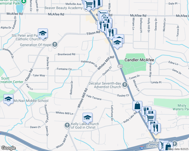 map of restaurants, bars, coffee shops, grocery stores, and more near 2195 Whites Mill Road in Decatur