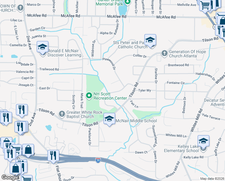 map of restaurants, bars, coffee shops, grocery stores, and more near 2263 Tilson Circle in Decatur