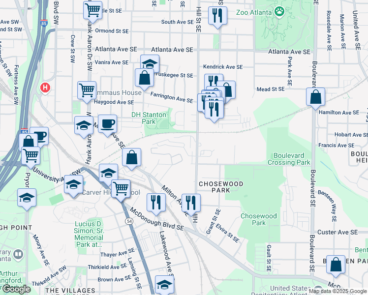map of restaurants, bars, coffee shops, grocery stores, and more near 381 Skylar Way Southeast in Atlanta