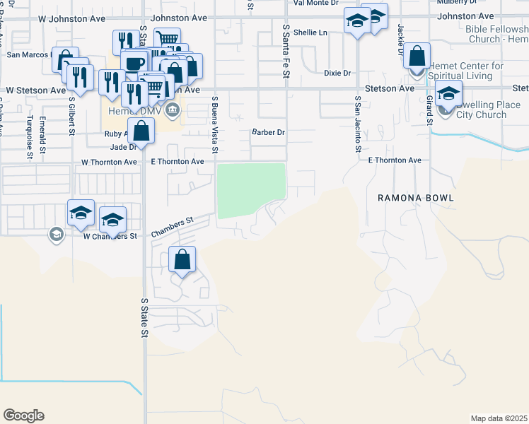 map of restaurants, bars, coffee shops, grocery stores, and more near 27409 Santa Fe Street in Hemet