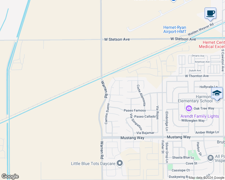 map of restaurants, bars, coffee shops, grocery stores, and more near 5623 Corte Heraldo in Hemet