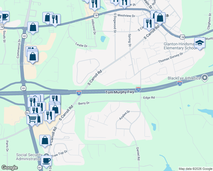 map of restaurants, bars, coffee shops, grocery stores, and more near 468 Thomas Dorsey Drive in Villa Rica