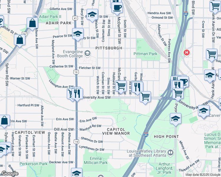 map of restaurants, bars, coffee shops, grocery stores, and more near 1162 Sims Street Southwest in Atlanta