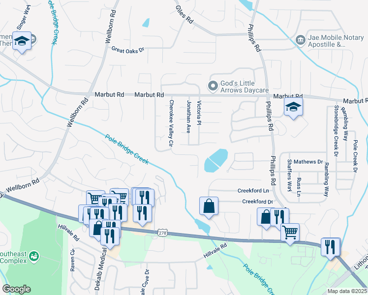 map of restaurants, bars, coffee shops, grocery stores, and more near 6124 Dana Court in Lithonia