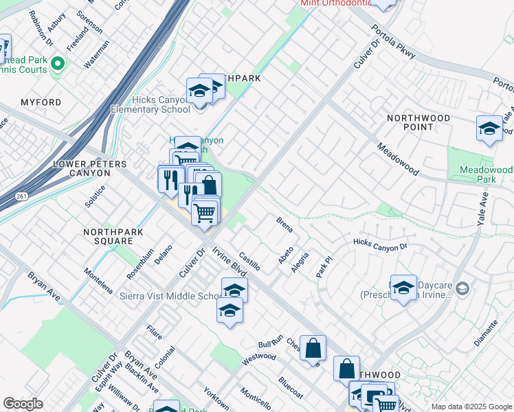 map of restaurants, bars, coffee shops, grocery stores, and more near 8 Encina in Irvine