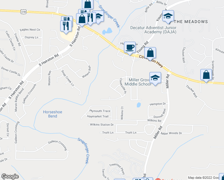 map of restaurants, bars, coffee shops, grocery stores, and more near 4848 Hidden Creek Place in Decatur